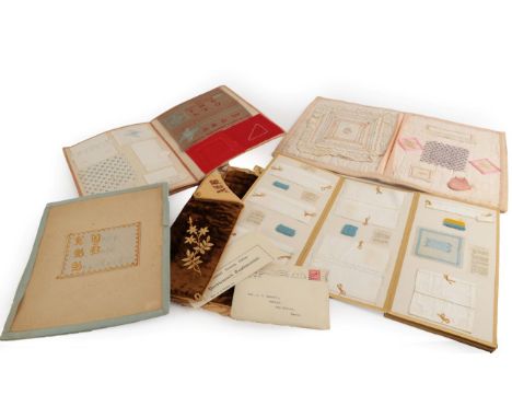 Late 19th Century School Girl Sample Folios, comprising a multi paged card folio by F Wagstaff, edged with silk, with hand pa