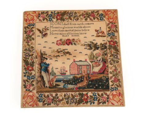 Mid-19th Century Sampler Worked by Mary Bonds, depicting a gent and his dog leaning against a tree, his wife seated opposite,