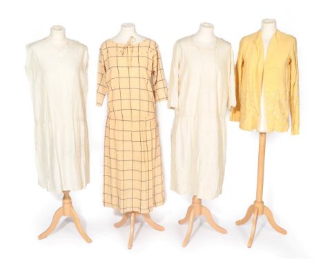 Circa 1920's Costume, comprising a cream silk sleeveless drop waist day dress, with zigzag detail to the front of the v neck 
