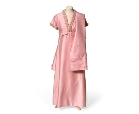 Circa 1960's Christian Dior Boutique London Candy Pink Silk Evening Gown, fabric label with serial no. 52053, the deep V-neck