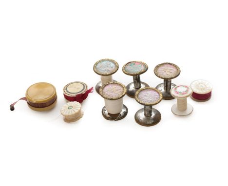 A Group of 19th Century and Later Thread Bobbins, comprising five I P Clarke's Patent brass and tin examples with coloured me