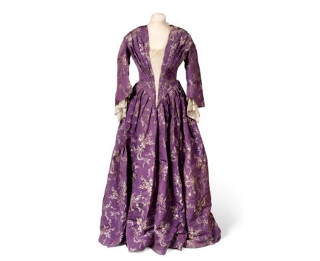 19th Century Ladies' Purple Silk and Silver Brocade Dress, with V shaped pleated bodice, three quarter length sleeves with la