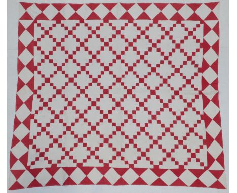 Large Late 1880's Welsh Irish Chain Quilt, in turkey red and white cotton, within a deep border of diamonds and triangles, cr