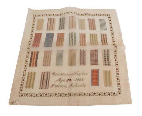 Darning Sampler by Constance Taylor Age 12, 1882, Sutton Schools, worked in numerous colours, finely stitched on a gauze clot