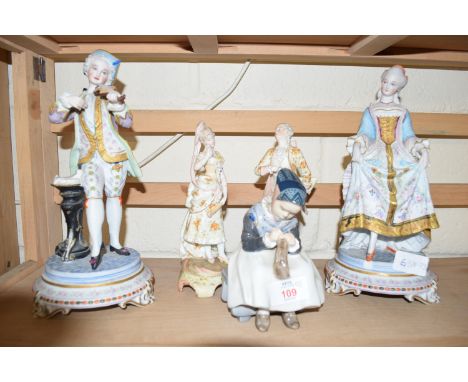 CERAMIC FIGURES INCLUDING TWO CONTINENTAL BISQUE PORCELAIN, ROYAL COPENHAGEN FIGURE OF A YOUNG GIRL SEWING, AND PAIR OF CONTI