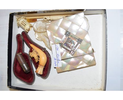 SMALL TRAY CONTAINING MOTHER OF PEARL CARD CASE, SMALL WOODEN PIPE IN ORIGINAL CASE ETC
