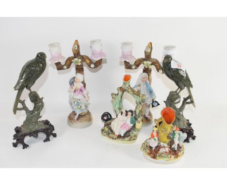 CERAMIC ITEMS INCLUDING TWO CANDELABRA AND TWO MODELS OF BIRDS ON WOODEN MOUNTS