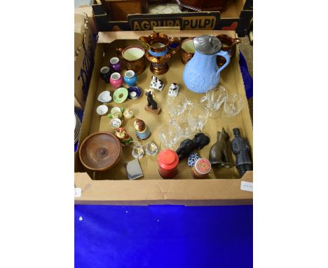 TRAY WITH CARVED WOODEN ITEMS AND SOME MINIATURE CERAMIC ITEMS INCLUDING SMALL ROYAL CROWN DERBY CUP, WORCESTER TYPE PATCH BO