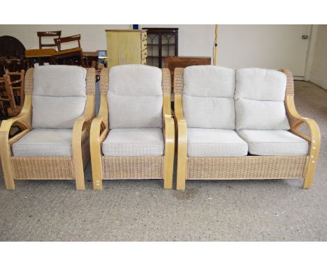 BENTWOOD/WICKER CONSERVATORY SUITE COMPRISING TWO-SEATER SOFA AND TWO MATCHING ARMCHAIRS, SOFA LENGTH APPROX 127CM