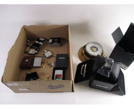 BOX CONTAINING A SHIP'S STYLE BAROMETER, ZIPPO LIGHTERS ETC