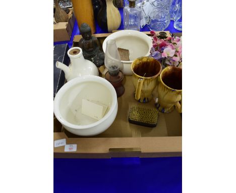 CERAMIC ITEMS INCLUDING TWO CHAMBER POTS, METAL MODEL OF A BUDDHA ETC