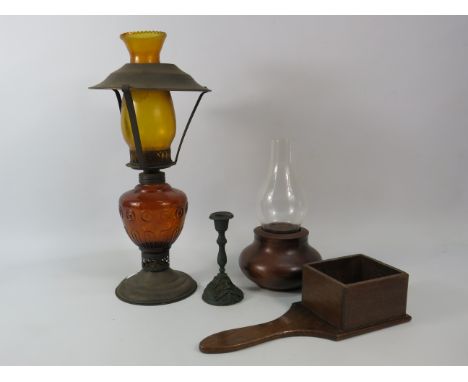 Mixed lot to include Oil lamp, wooden church collection box, candlestick etc.