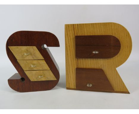 Two wooden ring boxes in the form of letters R &amp; S. The tallest measures 6.5" tall.