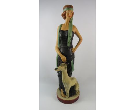 Large art deco style ceramic sculpture of a Lady and Greyhound, 26" tall.