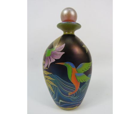 Okra iridescent art glass bottle hand decorated enamel painting of a hummingbird signed Terri L Colledge 2010. 7.5" tall