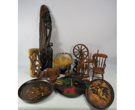 Mixed lot of carved ethnic wooden items, mini spinning wheel, bretby ceramic plate etc.