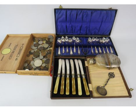 Mixed lot to include various vintage uk and foreign coins, vintage hip flask &amp; silver plated cutlery.