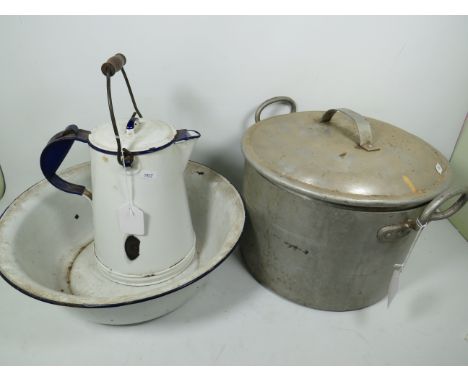Vintage metal and enamel jug and bowl plus large aluminum jam pan which measures approx 10 inches tall and 13 inches diameter