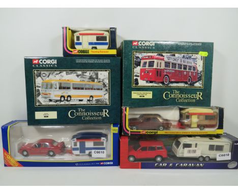 Six Corgi Die Cast Scale Models of Cars and Carvans/Coaches. All with original boxes. See photos for details. 