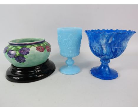 Mixed lot to include a Davidson blue slag glass bonbon dish, French blue milk glass goblet and a E radford pottey bowl on a b