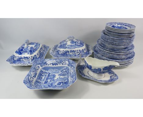 Spode Blue Italian dinnerware including lidded tureens and plates etc, 37 pieces in total. ( one tureen base has a chip).