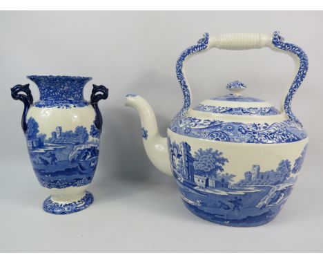 Large Spode Italian teapot 12" tall &amp; 13" wide plus a twin handle vase 9" tall.
