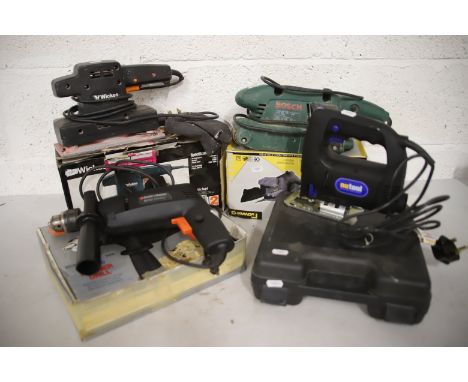 Mixed power tools to inlcude a Wickes Orbital Sander,  Bosche Belt sander, Black and Deckerhammer drill plus a Jigsaw. See ph