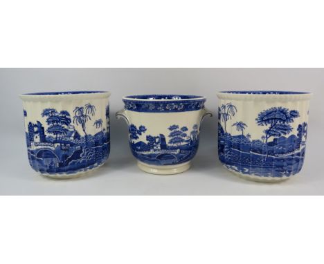 Three Spode Blue Tower plantpots, 6" Tall 7" Diameter.