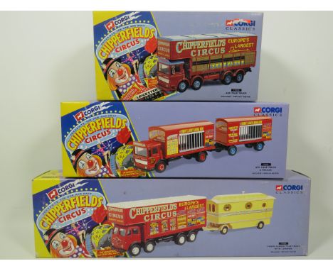 Three Corgi Classics Chipperfield's Circus Die Cast 1:50 Scale Models of AEC Pole Truck, AEC Cage Truck and Trailer set, Plus