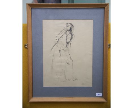 Pencil and wash sketch of a full length female form signed J Edwards.  Measures approx 16 x 13 inches. See photos. 
