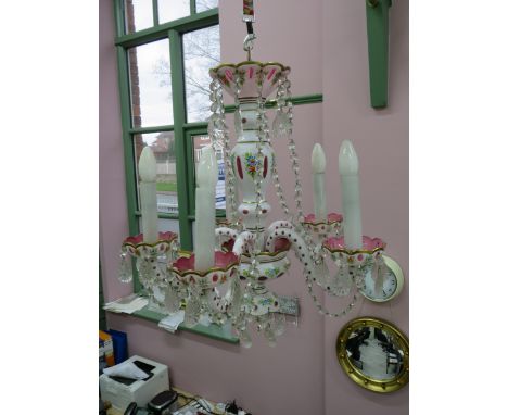 Bohemian Moser style cranberry glass overlaid with white and decorated with flowers five arm chandelier. (Courier or Collecti