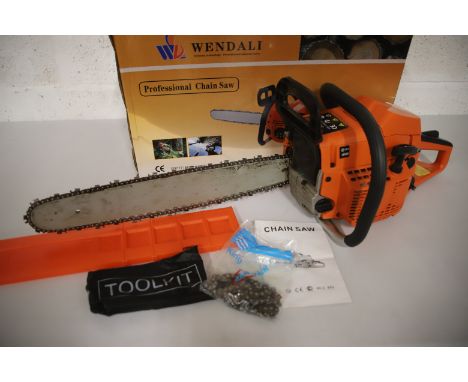 Wendali Professional Chainsaw with 19 inch blade. Comes with original box, toolkit , oil, spare chain etc.  This item is not 