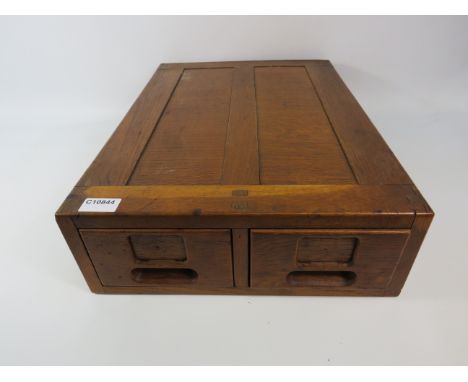 Vintage wooden two drawer card filing cabinet, 14.5" wide, 20" long and 5" tall.