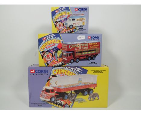 Three Corgi Classics Chipperfield's Circus Die Cast 1:50 Scale Models of a Foden S21 Articulated Tank Trailer, AEC Pole Truck