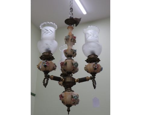 Capodimonte ceramic and brass three arm chandelier. (Courier or Collection only)