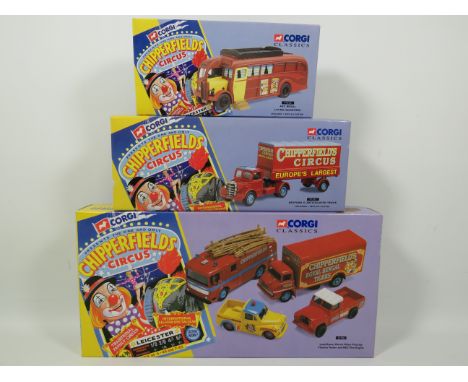 Three Corgi Classics Chipperfield's Circus Die Cast 1:50 Scale Models of AEC Regal Living Quarters, Bedford O Articulated Tru
