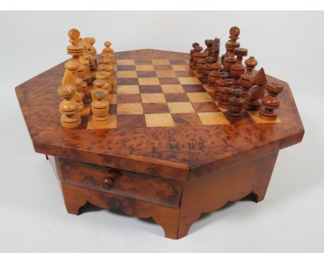 Lovely Chess board and pieces. Comes with single drawer for pieces. All hand made. Board measures approx 4.5 x 15 inches. 