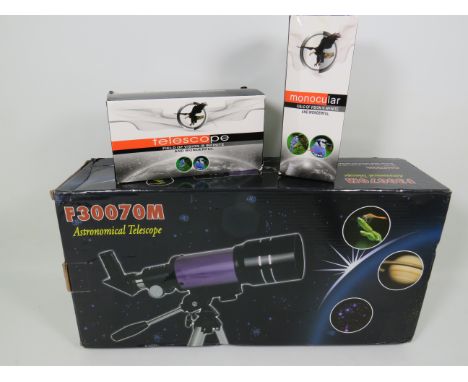 Boxed and unused Astronomical telescope and stand plus monocular and telescope. See photo