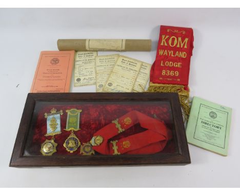 RAOB Masonic medals, sash and ephemera plus a dispay case.