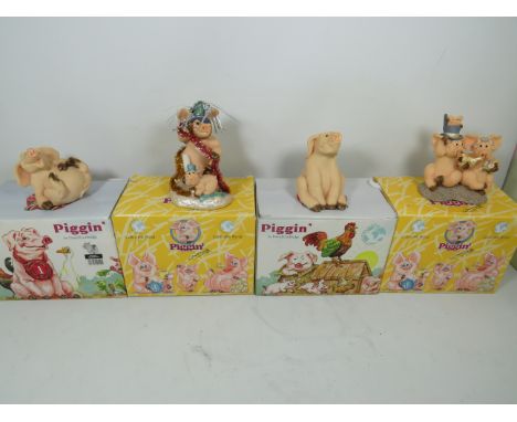 Mixed lot to include a nicely made pine box with side handle holes which contains boxed Piggin figures, vintage billiard ball
