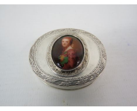 Sterling silver pill box with ceramic cabochon, London 1999, 4cm by 4.5cm. 25.4 grams
