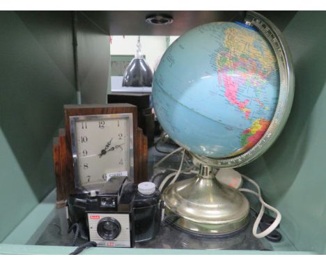 Mixed Vintage lot to include an Art Deco mantle clock in running order, an illuminated Globe and a vintage Kodak camera with 