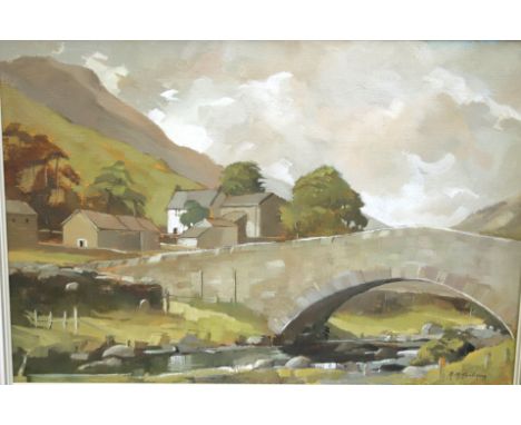 Framed Oil  on Canvas of a dales scene by R. M Tomlinson. Frame size 24 x 41 inches. See photos