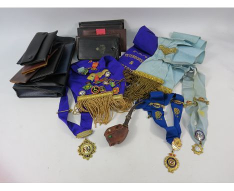 Various RAOB medals, Sashes, buffalo pipe, pin badges and leather medal wallets.