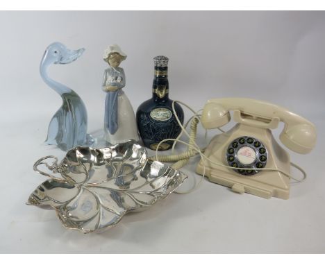 Mixed lot to include a art glass duck, Nao figurine, vintage style telephone etc.