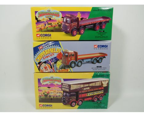 Three Corgi Classics Chipperfield's Circus Die Cast 1:50 Scale Models of a Leyland 8 Wheel Truck, ERF 8 wheel Rigid Truck and