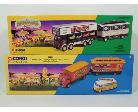 Two Corgi Classics Die Cast 1:50 Scale Showmans truck models of Leyland Dodgem Truck and Caravan set plus a ERF Box Van with 