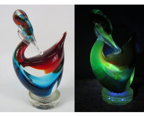 Vintage Murano Red Blue and clear uranium glass duck, 5.5" tall.