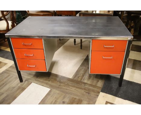 Vintage Industrial type Kneehold Desk with drawers to each side. Metal frame with Vinyl top ,  in very good condition  .  Dim