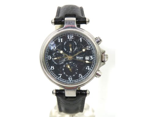 Stauer 17 Jewel Chronograph with date window, Stainless Steel Case and (worn) leather strap. Watch in running order but has s